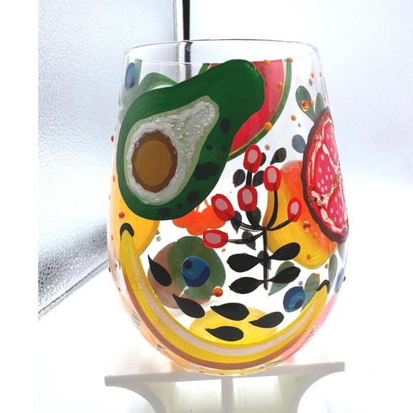Lolita Other - Lolita Tropical Fruit Stemless Wine Glass Hand Painted Glitter Jeweled 4.5in
